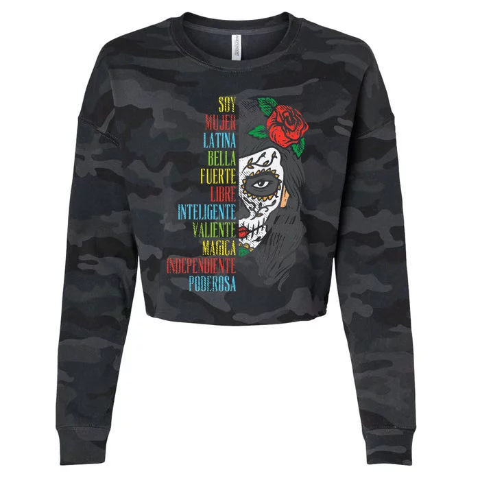 Soy Mujer Latina Sugar Skull  Cinco De Mayo Cropped Pullover Crew