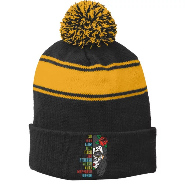 Soy Mujer Latina Sugar Skull  Cinco De Mayo Stripe Pom Pom Beanie