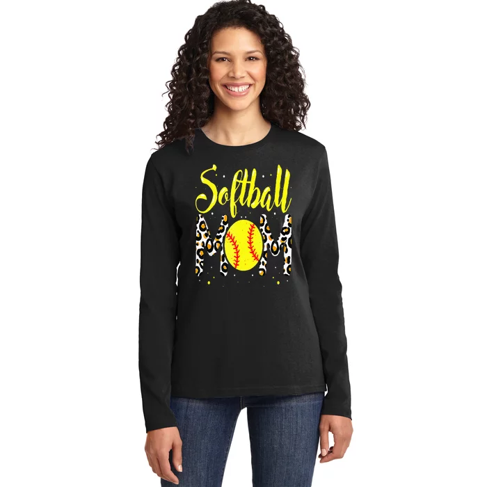 Softball Mom Leopard Funny Baseball Mom MotherS Day Ladies Long Sleeve Shirt