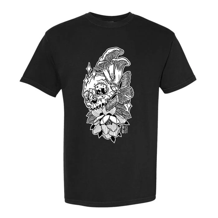 Skull Mushrooms Magnolia and Butterfly Tattoo Design Garment-Dyed Heavyweight T-Shirt