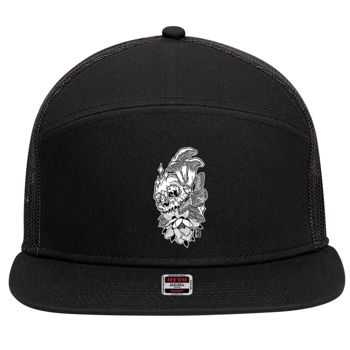 Skull Mushrooms Magnolia and Butterfly Tattoo Design 7 Panel Mesh Trucker Snapback Hat