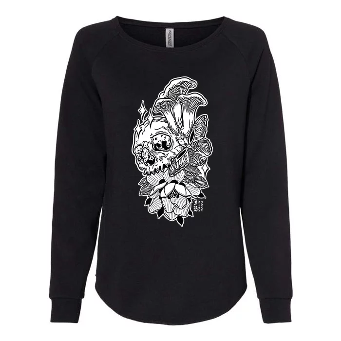 Skull Mushrooms Magnolia and Butterfly Tattoo Design Womens California Wash Sweatshirt