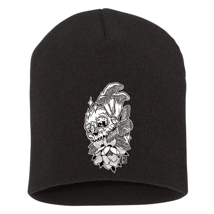 Skull Mushrooms Magnolia and Butterfly Tattoo Design Short Acrylic Beanie