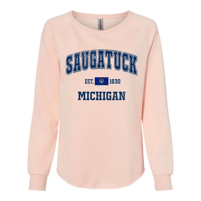 Saugatuck Michigan MI Vintage State Flag Athletic Navy Womens California Wash Sweatshirt