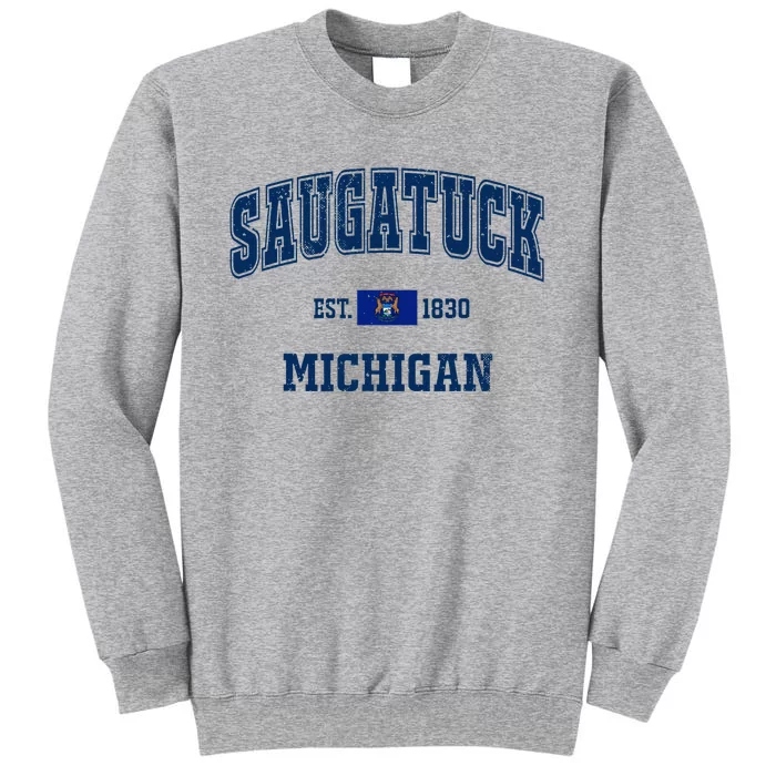 Saugatuck Michigan MI Vintage State Flag Athletic Navy Tall Sweatshirt