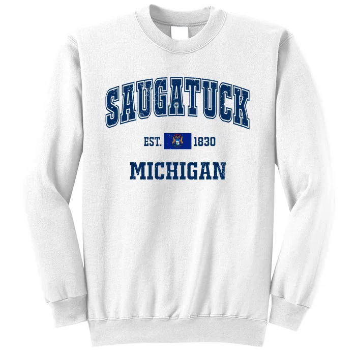 Saugatuck Michigan MI Vintage State Flag Athletic Navy Sweatshirt