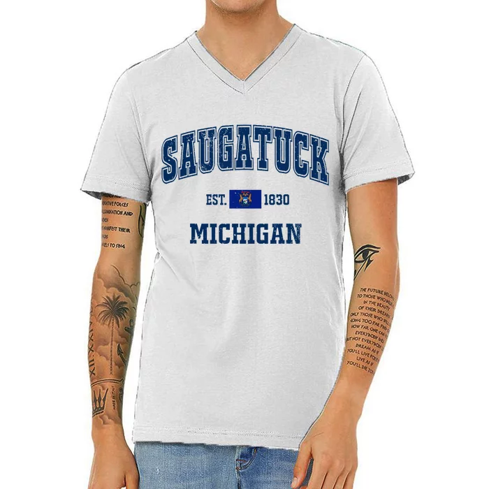 Saugatuck Michigan MI Vintage State Flag Athletic Navy V-Neck T-Shirt