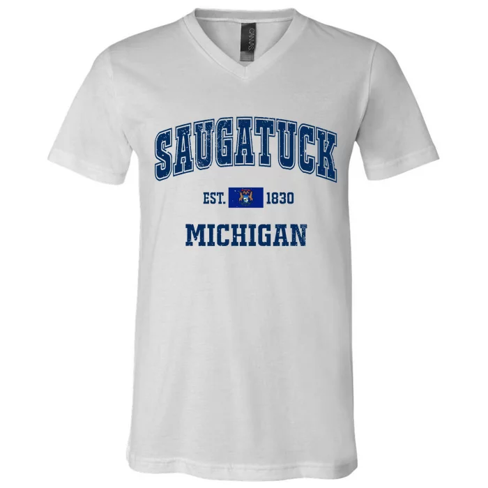 Saugatuck Michigan MI Vintage State Flag Athletic Navy V-Neck T-Shirt