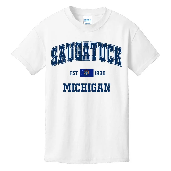 Saugatuck Michigan MI Vintage State Flag Athletic Navy Kids T-Shirt