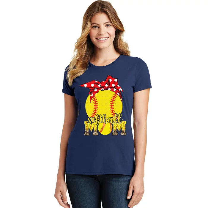 Softball Mom Messy Bun Leopard Softball Mothers Day Women's T-Shirt