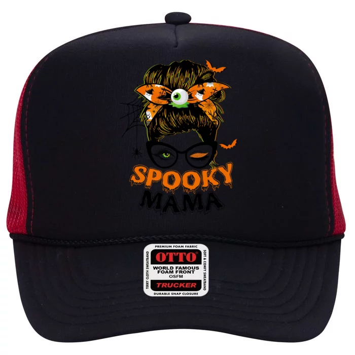 Spooky Mama Messy Hair Bun Spooky Season Halloween Gift High Crown Mesh Trucker Hat