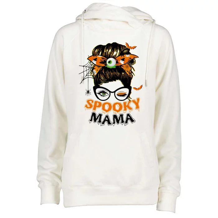 Spooky Mama Messy Hair Bun Spooky Season Halloween Gift Womens Funnel Neck Pullover Hood