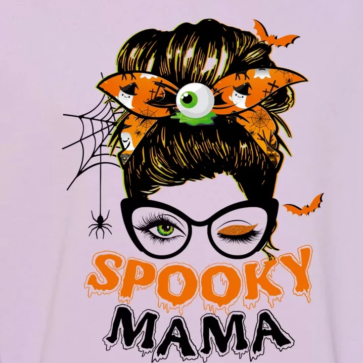 Spooky Mama Messy Hair Bun Spooky Season Halloween Gift Garment-Dyed Sweatshirt