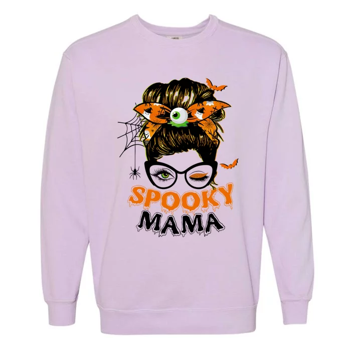 Spooky Mama Messy Hair Bun Spooky Season Halloween Gift Garment-Dyed Sweatshirt