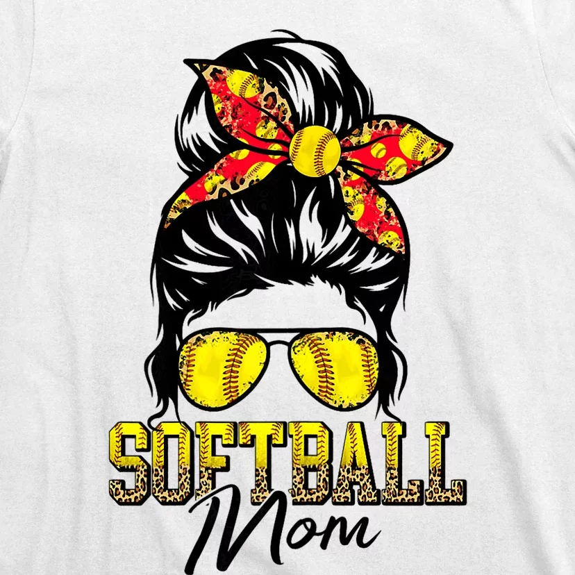 Softball Mom Messy Bun Mama Softball Game Day Mothers Day T-Shirt