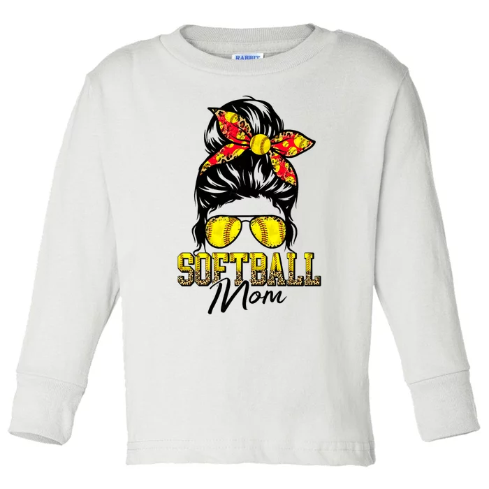 Softball Mom Messy Bun Mama Softball Game Day Mothers Day Toddler Long Sleeve Shirt