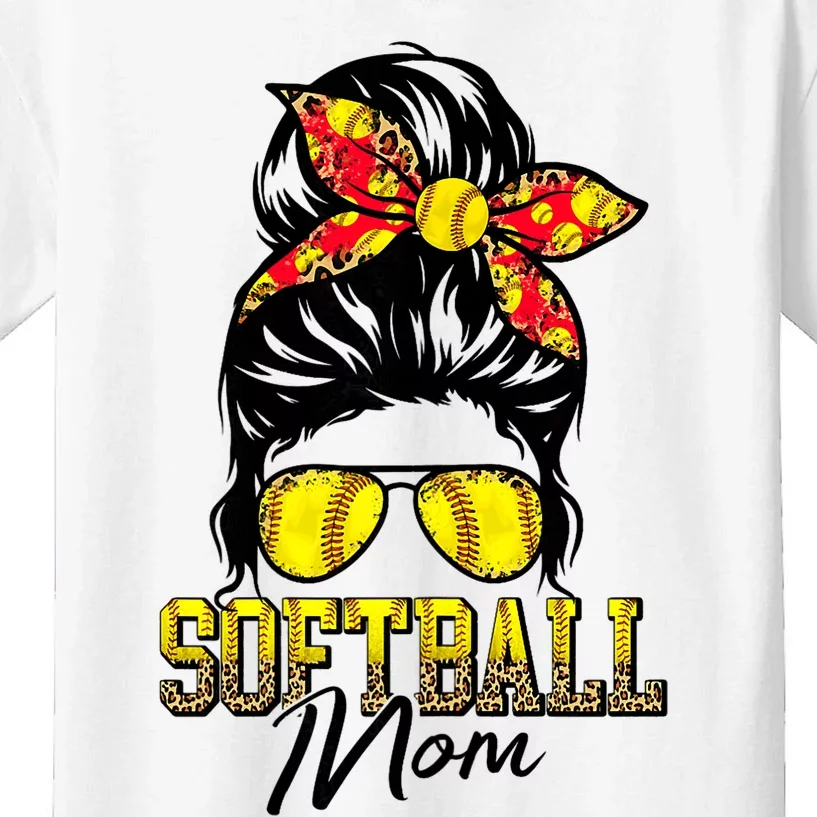 Softball Mom Messy Bun Mama Softball Game Day Mothers Day Kids T-Shirt