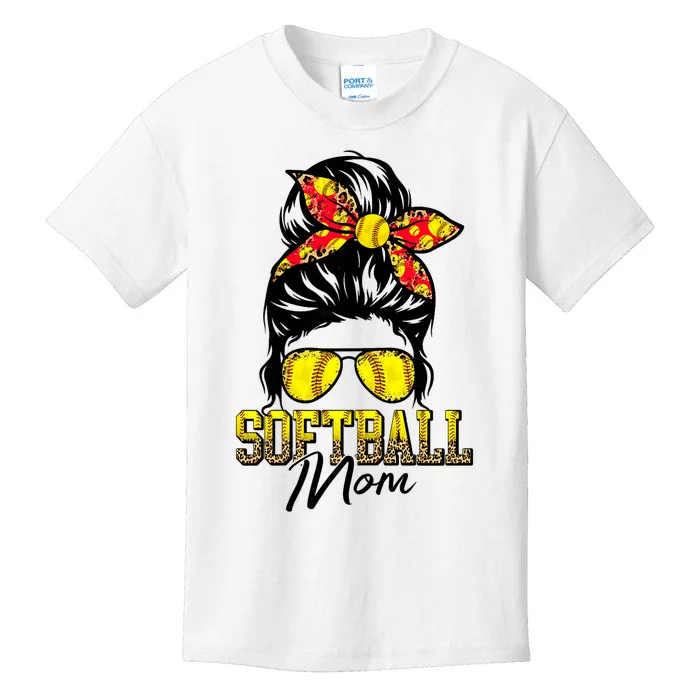 Softball Mom Messy Bun Mama Softball Game Day Mothers Day Kids T-Shirt