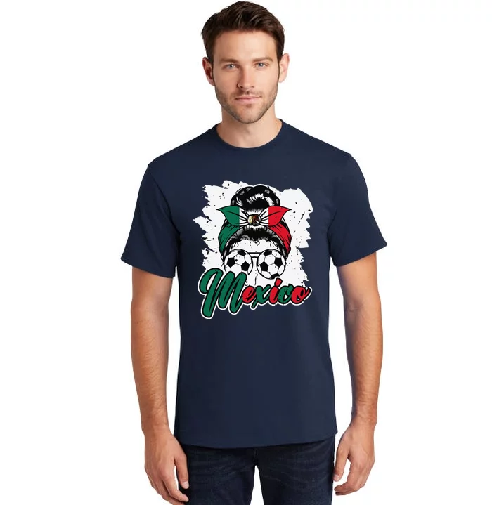 Soccer Mexico Messy Bun Mexican Flag Football Girl Tall T-Shirt