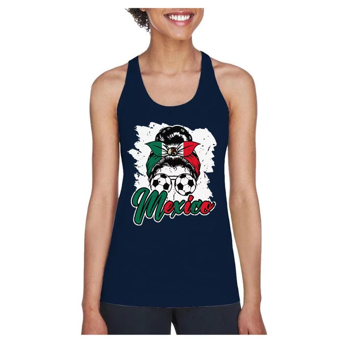 Soccer Mexico Messy Bun Mexican Flag Football Girl Women's Racerback Tank