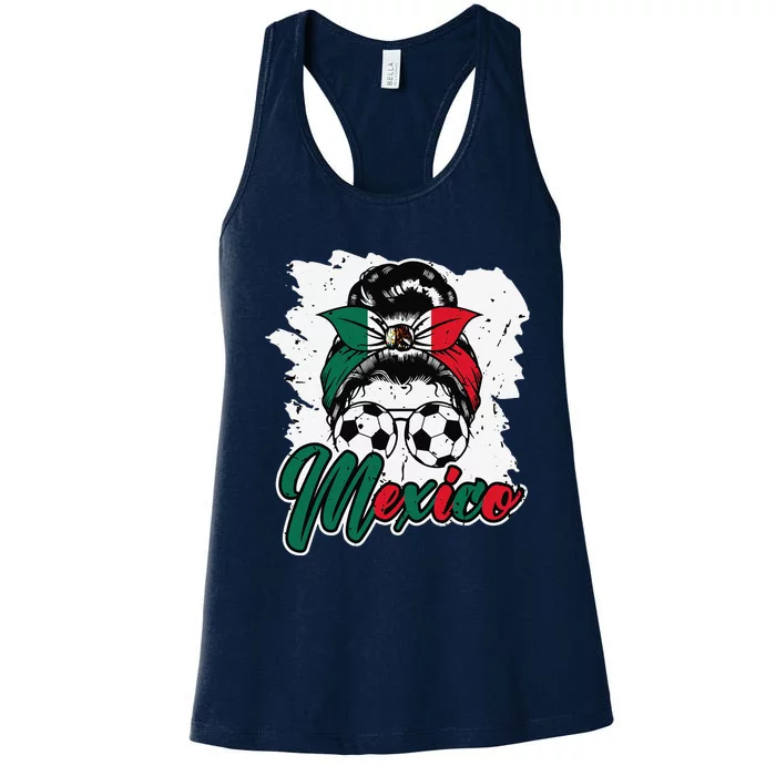 Soccer Mexico Messy Bun Mexican Flag Football Girl Women's Racerback Tank