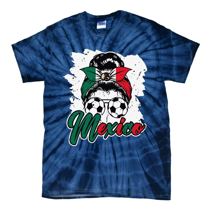 Soccer Mexico Messy Bun Mexican Flag Football Girl Tie-Dye T-Shirt