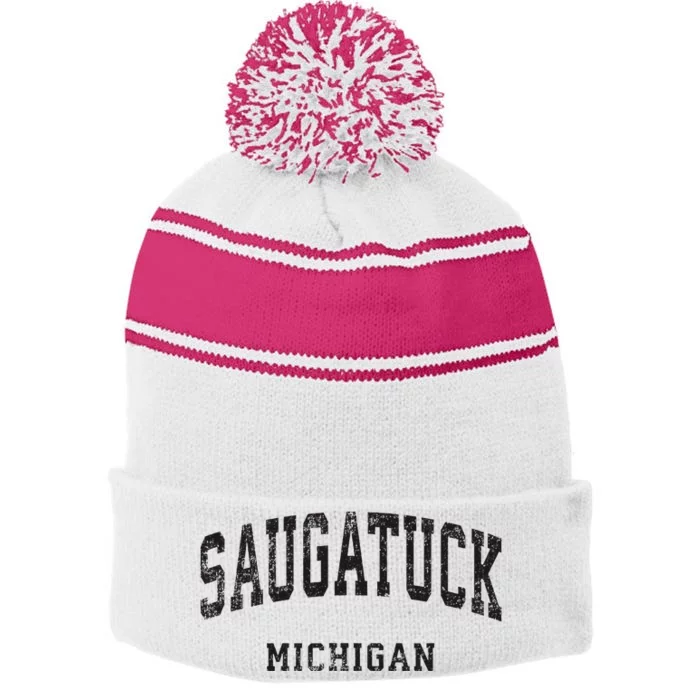 Saugatuck Michigan Mi Vintage Athletic Sports Design Stripe Pom Pom Beanie