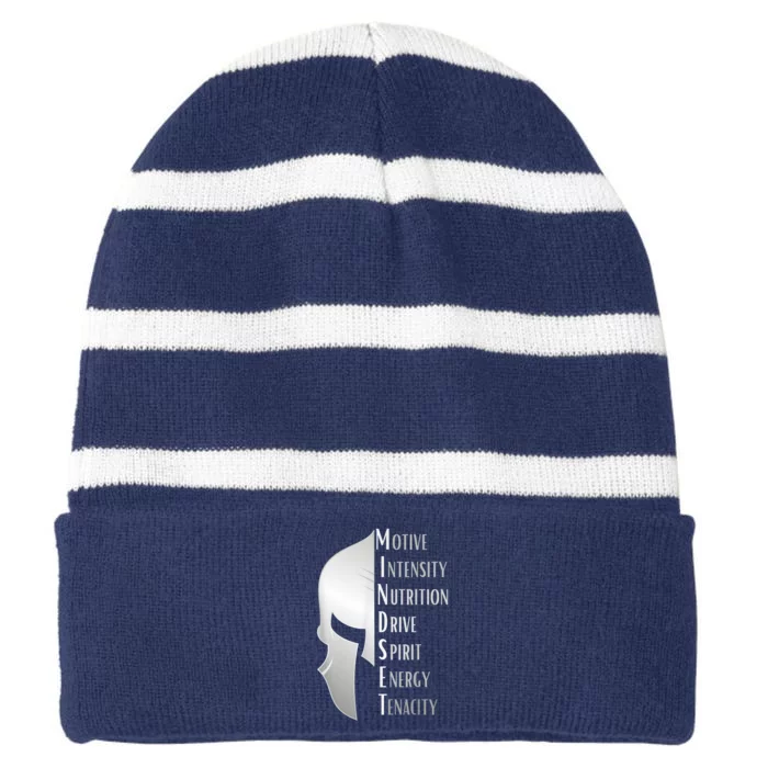 Spartan Mindset Motivational Inspirational Quote Graphic Striped Beanie with Solid Band