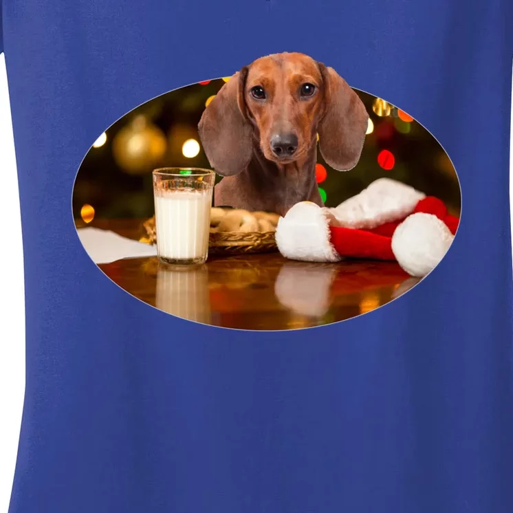 Santa Milk N Cookies Dog Dachshund Gift Women's V-Neck T-Shirt