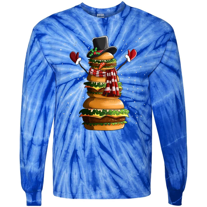 Snowman Made Of Burgers Cheeseburger Fast Food Christmas Tie-Dye Long Sleeve Shirt