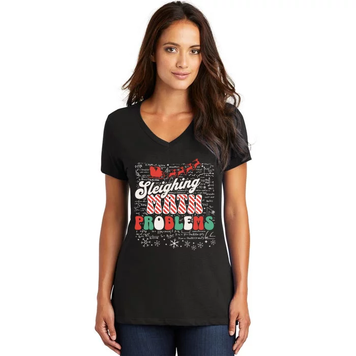 Sleighing Math Problems Funny Christmas Math Teacher Santa Women's V-Neck T-Shirt