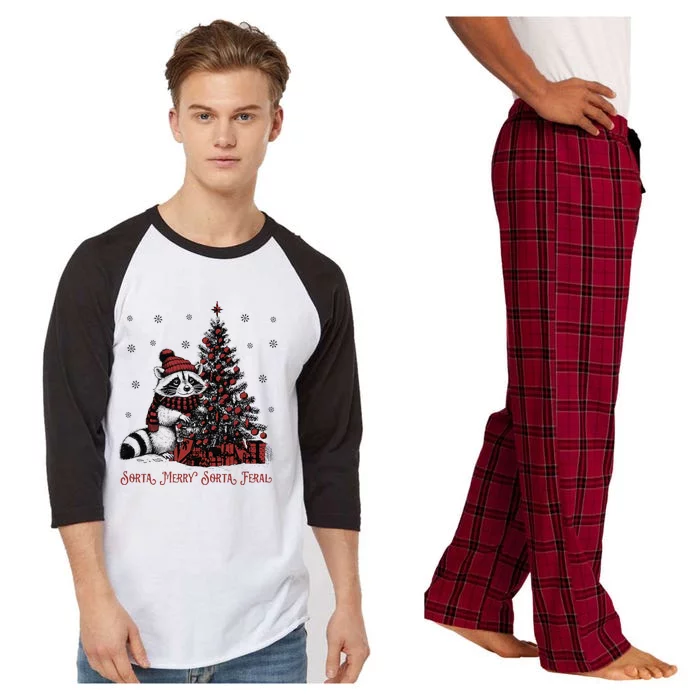 Sorta Merry Sorta Feral Funny Raccoon Christmas Xmas Pajamas Raglan Sleeve Pajama Set