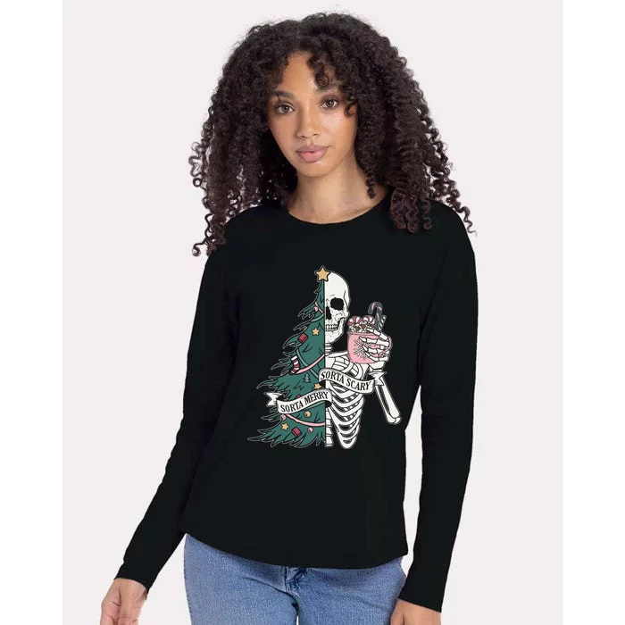 Sorta Merry Sorta Scary Funny Halloween Christmas Skeleton Womens Cotton Relaxed Long Sleeve T-Shirt