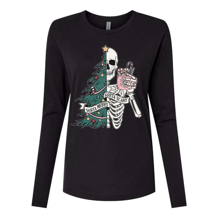 Sorta Merry Sorta Scary Funny Halloween Christmas Skeleton Womens Cotton Relaxed Long Sleeve T-Shirt