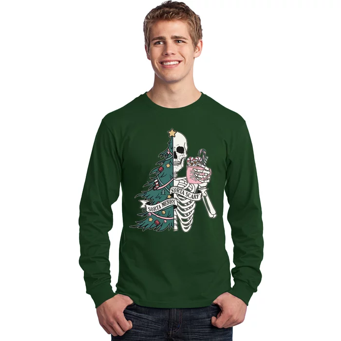 Sorta Merry Sorta Scary Funny Halloween Christmas Skeleton Long Sleeve Shirt