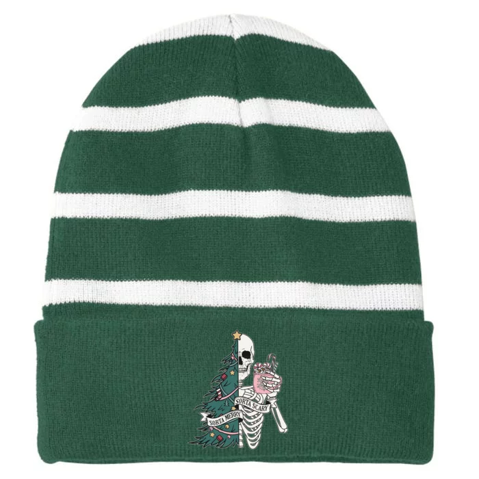 Sorta Merry Sorta Scary Funny Halloween Christmas Skeleton Striped Beanie with Solid Band