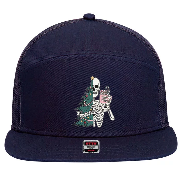 Sorta Merry Sorta Scary Funny Halloween Christmas Skeleton 7 Panel Mesh Trucker Snapback Hat