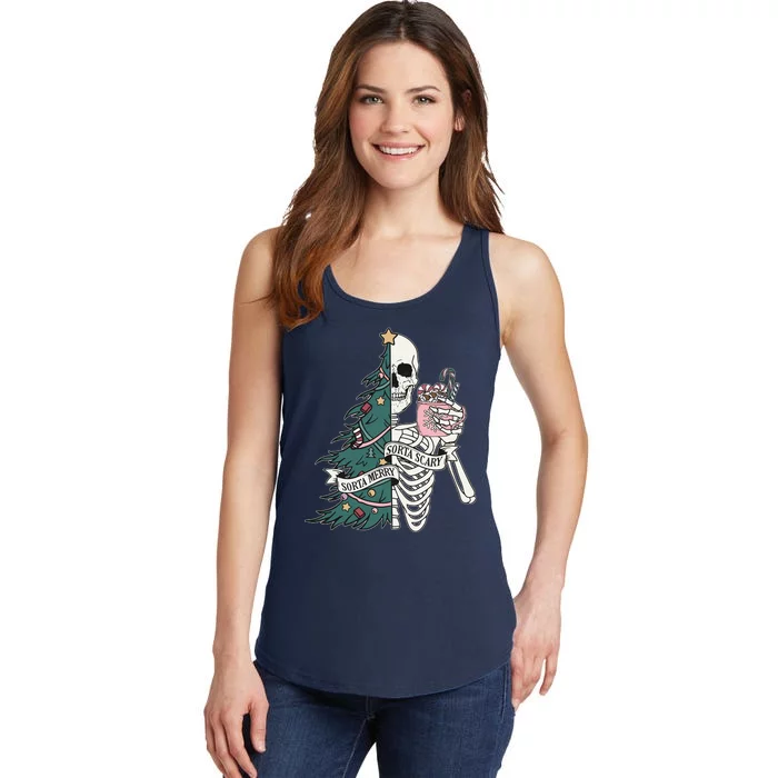 Sorta Merry Sorta Scary Funny Halloween Christmas Skeleton Ladies Essential Tank