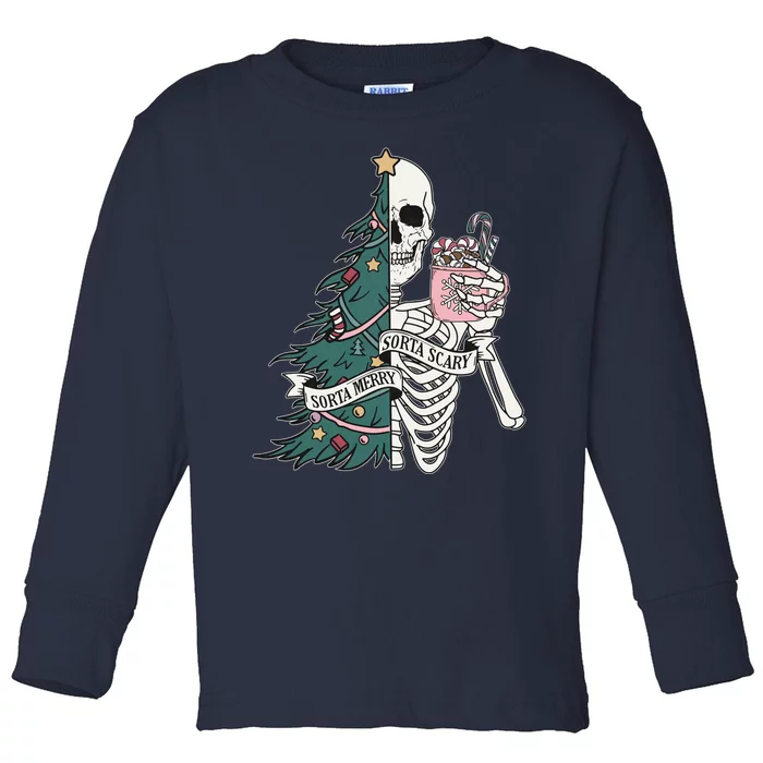 Sorta Merry Sorta Scary Funny Halloween Christmas Skeleton Toddler Long Sleeve Shirt