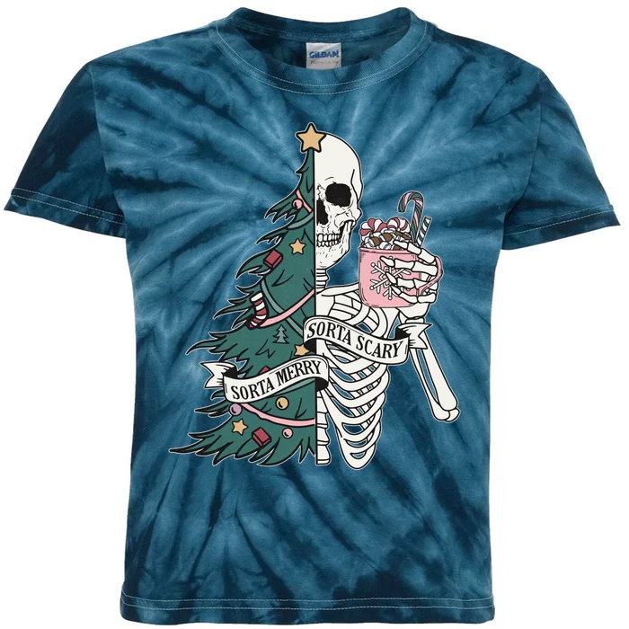 Sorta Merry Sorta Scary Funny Halloween Christmas Skeleton Kids Tie-Dye T-Shirt