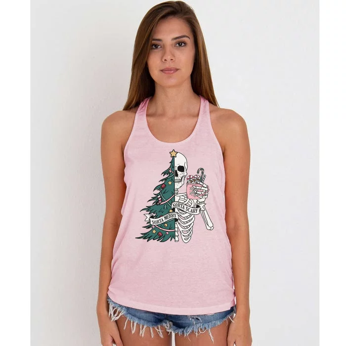 Sorta Merry Sorta Scary Funny Halloween Christmas Skeleton Women's Knotted Racerback Tank