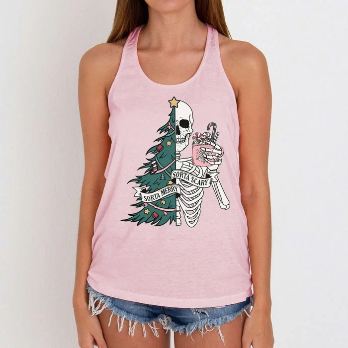 Sorta Merry Sorta Scary Funny Halloween Christmas Skeleton Women's Knotted Racerback Tank