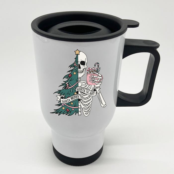 Sorta Merry Sorta Scary Funny Halloween Christmas Skeleton Front & Back Stainless Steel Travel Mug