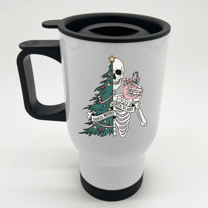 Sorta Merry Sorta Scary Funny Halloween Christmas Skeleton Front & Back Stainless Steel Travel Mug