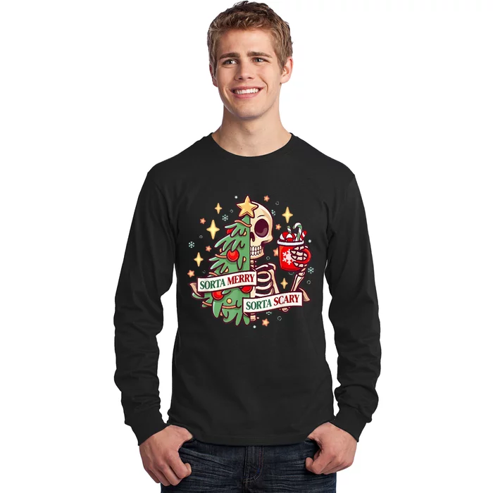 Sorta Merry Sorta Scary Skeleton Xmas Tree Christmas Funny Long Sleeve Shirt