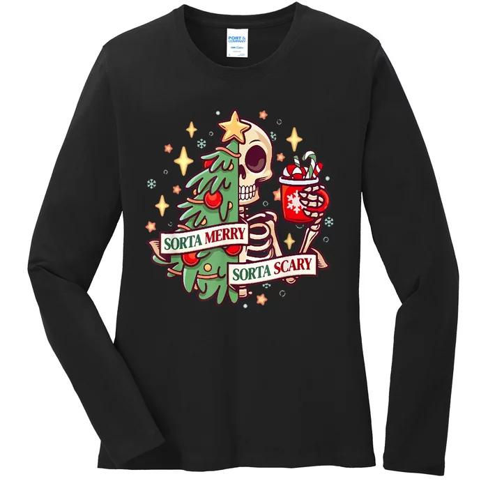 Sorta Merry Sorta Scary Skeleton Xmas Tree Christmas Funny Ladies Long Sleeve Shirt