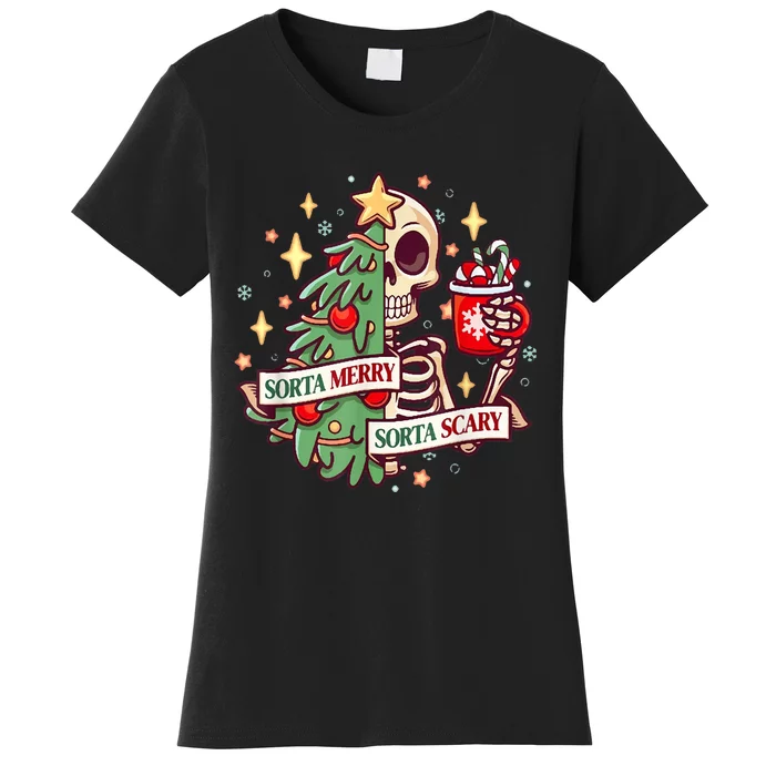 Sorta Merry Sorta Scary Skeleton Xmas Tree Christmas Funny Women's T-Shirt