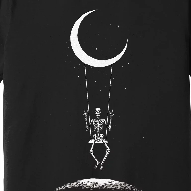 Skeleton Moon Swing Rock On Band Tees Rock And Roll Graphic Premium T-Shirt