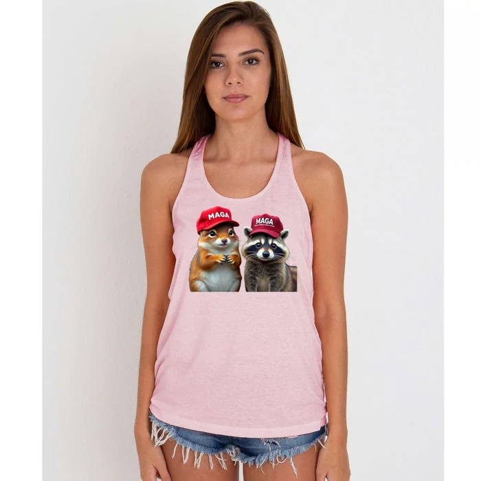 Social Media Star Peanut Squirrel And Fred Raccoon Maga Women's Knotted Racerback Tank