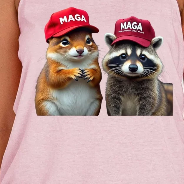 Social Media Star Peanut Squirrel And Fred Raccoon Maga Women's Knotted Racerback Tank